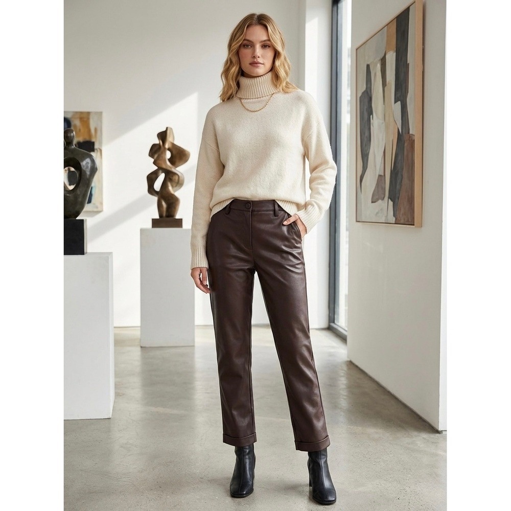 Ruti Vegan Leather Trousers Brown High Waisted Straight Leg Pants